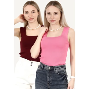 Kadın 2`li Kare Yaka Kalın Askılı Triko Bluz Bordo Pembe - 2000