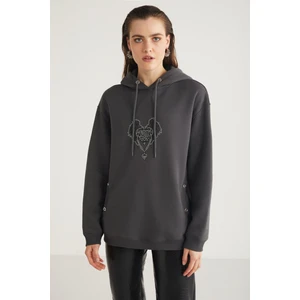 Shara Kadın Kapüşonlu Taş Işlemeli Antrasit Sweatshirt