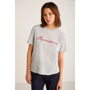 Elestren Kadın Oversize Kısa Kollu Önü Kırmızı Yazi Detaylı Gri T-shirt