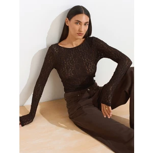 31312 Kayık Yaka Dantel Top-Koyu Kahve