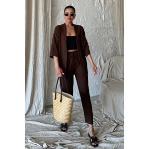 Kadın Kahve Kimono Alt Üst Havuç Pantolon Takım