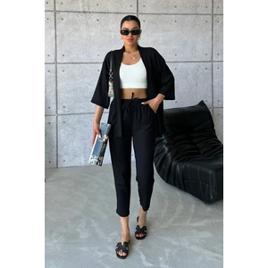 Kadın Siyah Kimono Alt Üst Havuç Pantolon Takım