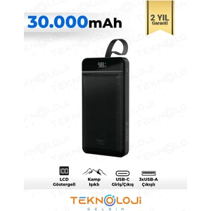 Hızlı Şarj Özellikli Powerbank 30.000 Mah 22.5 W Pd Kamp Işıklı LCD Göstergeli Yeni Nesil Usb-C