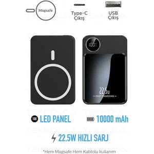Magsafe Powerbank 10.000 Mah 22.5 Watt Hızlı Şarj Göstergeli Kablosuz Taşınabilir Şarj Type-C/usb