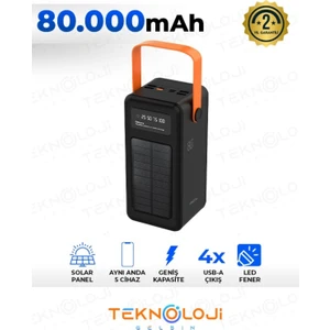 Güneş Enerjili Solar Powerbank 80.000 Mah Dijital Göstergeli El Fenerli 4 Çıkış Taşınabilir Batarya