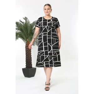 Kadın Siyah Beyaz Geometrik Çizgi Desen Midi Elbise