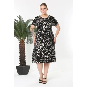 Kadın Siyah Asimetrik Zigzag Desen Midi Elbise