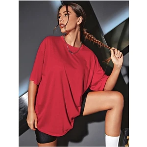 Unisex Kırmızı Bisiklet Yaka Pamuk Oversize Boyfriend T-Shirt