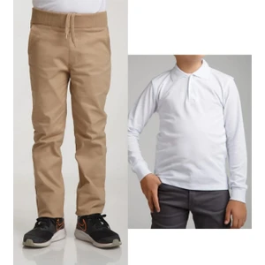 Unisex Çocuk Ribana Bel Keten Bej Okul Pantolonu + Polo Yaka Uzun Kol T-Shirt
