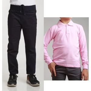 Unisex Çocuk Ribana Bel Keten Lacivert Okul Pantolonu + Polo Yaka Uzun Kol T-Shirt