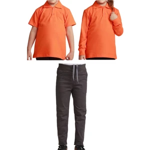 Unisex Çocuk Ribana Bel Keten Okul Pantolonu + Polo Yaka Kısa ve Uzun Kol T-Shirt