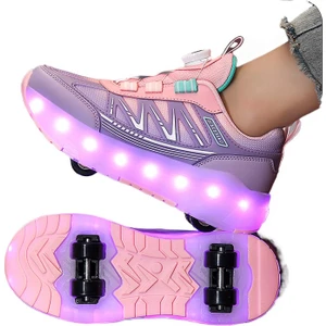 Tekerlekli Ayakkabı Dört Tekerlekli Çocuk Tekerlekli Paten Erkek ve Kadın Çocuk USB Şarj Parlayan Paten Mor (Yurt Dışından)