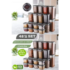 48'li Mega Çeyiz Seti Etiketli Kare Erzak Saklama Kabı Kahvaltılık Çerezlik Baharatlık Bakliyat Kabı