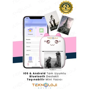 Mini Cep Yazıcı Taşınabilir Bluetooth Kablosuz Şarjlı 6 Rulo 3 Kalem Seti Hediye Pembe Yazıcı