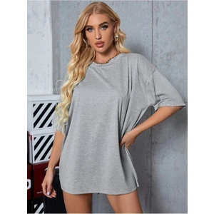 Unisex Gri Bisiklet Yaka Pamuk Oversize Boyfriend T-Shirt