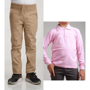 Unisex Çocuk Ribana Bel Keten Bej Okul Pantolonu + Polo Yaka Uzun Kol T-Shirt