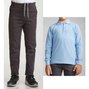 Unisex Çocuk Ribana Bel Keten Füme Okul Pantolonu + Polo Yaka Uzun Kol T-Shirt
