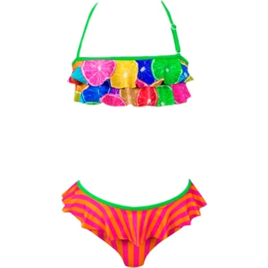 Halter Yaka Renkli Portakal Desenli Bandeau Fırfırlı 50UV Kız Çocuk Bikini Takımı By Nessi Byrd