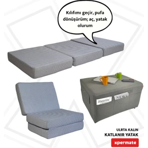 Ultra Kalın Katlanır Sünger Yatak, Yer Yatağı, Katlanır Yer Minderi, Katlanır Yatak, Misafir Yatağı 80x180x14, Gri Puantiyeli