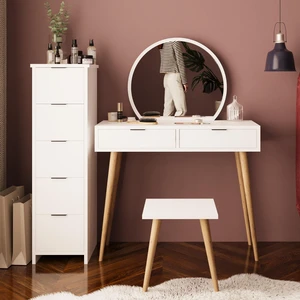 Lucy Makyaj Masası Takımı U1050 – Beyaz | Aynalı, Tabureli, Çekmeceli Dolaplı