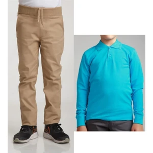 Unisex Çocuk Ribana Bel Keten Bej Okul Pantolonu + Polo Yaka Uzun Kol T-Shirt