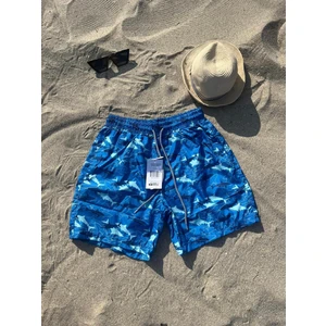 Erkek Mavi Köpek Balığı Desenli  Deniz Şortu