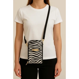 Zebra Desenli Telefon Bölmeli Üç Gözlü Ayarlanabilir Askılı Cüzdan Çanta