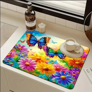 55 cm x 45 cm Gökkuşağı Kelebek Çiçek Tasarımı Tezgah Üstü Bulaşık Kurutma Matı Bulaşıklık Kurutma Örtüsü