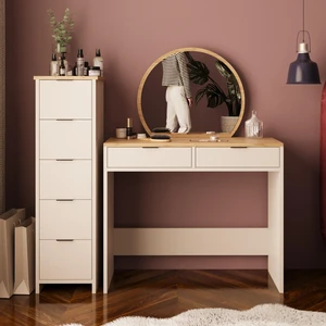 Flora Makyaj Masası Takımı 2+5 Çekmeceli Takı Düzenleyicili Aynalı Şifonyer Set T2060 Kumtaşı Sepet