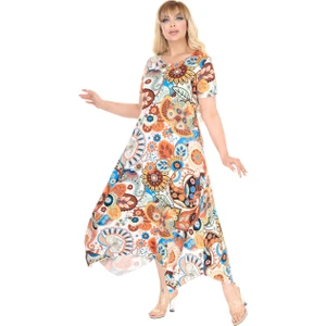 Butik Renkli Botanik Desen Asimetrik Kısa Kollu Elbise