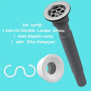 Gri Körüklü Lavabo Sifon Seti | Adaptör Conta + Sifon Kelepçesi Dahil 3’lü Takım