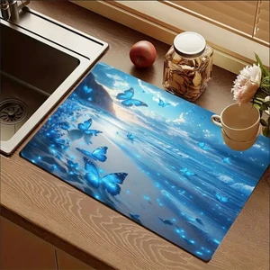 55 cm x 45 cm Mavi Kelebek Tasarımı Tezgah Üstü Bulaşık Kurutma Matı Bulaşıklık Kurutma Örtüsü