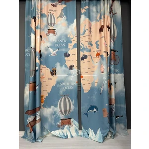 Dünya Haritası Çocuk Bebek Odası Fon Perdesi, Güneşliği (2kanat) Pilesiz