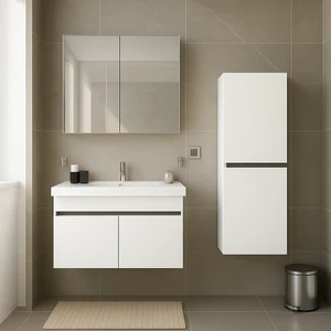 Dmz Home Concept Arista 80 cm Beyaz Renkli Mdf, Seramik Lavabolu, Alt - Üst ve Boy Dolaplı, Üst Dolap Aynalı, Banyo Dolabı Seti