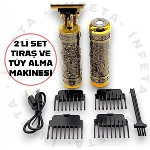 2'li Set Şarjlı Profosyonel Saç Sakal Tıraş Makinesi Ense Yanak Tüy Alma Makinesi