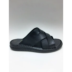 Hakiki Deri Siyah Günlük Burnu Açık Rahat Tabanlı Erkek Terlik C-983376PKRTRLK