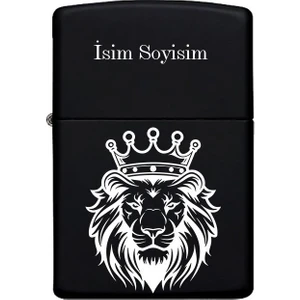 Aslan Desenli Kişiye Özel Isimli Benzinli Siyah Metal Çakmak