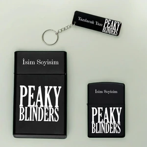 Peaky Blinders Desenli Kişiye Özel Isimli Metal Sigara Kutusu, Benzinli Çakmak ve Anahtarlık Seti