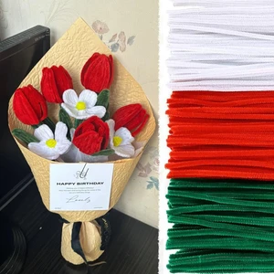 75 Adet Kırmızı, Beyaz,  Koyu Yeşil Renkli Şönil , Çiçek Yapım Seti, Tüylü Tel, 30 Cm, Peluş Tel