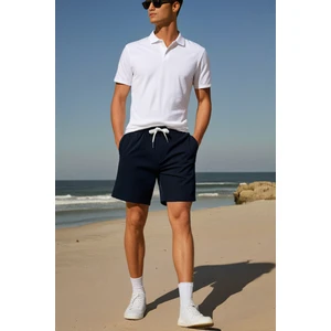Elemge Pamuklu Koyu Lacivert Erkek Casual Şort 2 Iplik Yan Cep Bağcıklı Regular Fit Normal Kalıp Boru Paça Bermuda