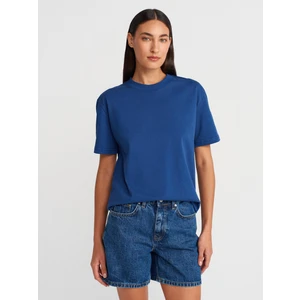 30312 Dekoratif Dikişli Bisiklet Yaka Tshirt-Indigo