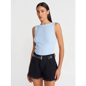 10764 Kayık Yaka Fitilli Triko Bluz-Mavi