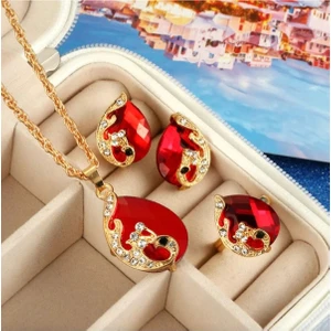 Victorian Afrika Kristal Kırmızı Taşlı Gold Su Damlası Kolye Küpe Yüzük Düğün Hediye Takı Seti