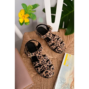 London Model Hakiki Deri Leopar Desen Bantlı Tokalı Kadın Günlük Sandalet