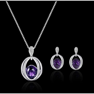 Grape Gümüş Kaplama Kristal Mor Taşlı Sevgililer Günü Hediye Sarkaç Kolye Küpe Takı Seti