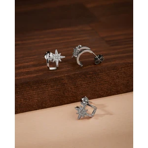 925 Ayar Rodyum Kutup Yıldızı Piercing Görünümlü Çivili Gümüş Küpe (Çift Kullanım)