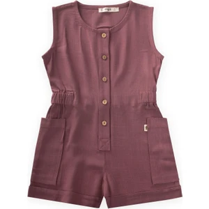 Yanları Cepli Kısa Boy Keten Tulum 2-7 Yaş Mürdüm