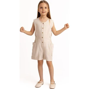 Yanları Cepli Kısa Boy Keten Tulum 2-7 Yaş Naturel