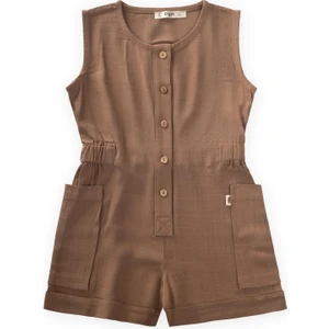 Yanları Cepli Kısa Boy Keten Tulum 2-7 Yaş Caramel