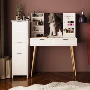 T4050 Bella 5+2 Çekmeceli Makyaj Masası Seti Beyaz – Takı Askılı, Fırçalık Kutu Raflı, Ahşap Ayaklı